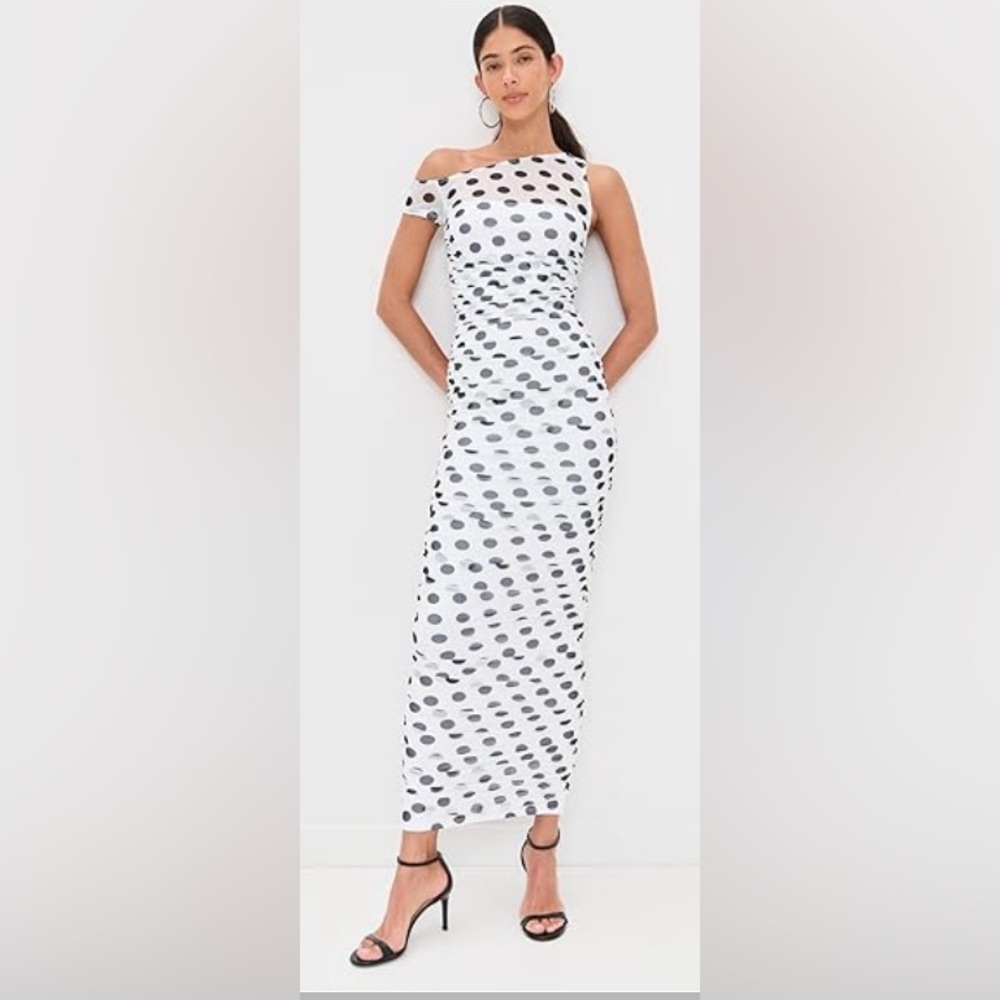 AFRM White/Black Polk a dot One-Shoulder Ruched Fitted Maxi Dress/Mesh - Size M
